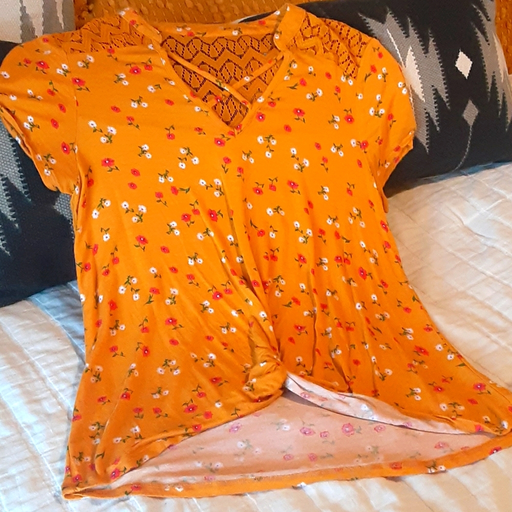 Mustard yellow floral lace shirt